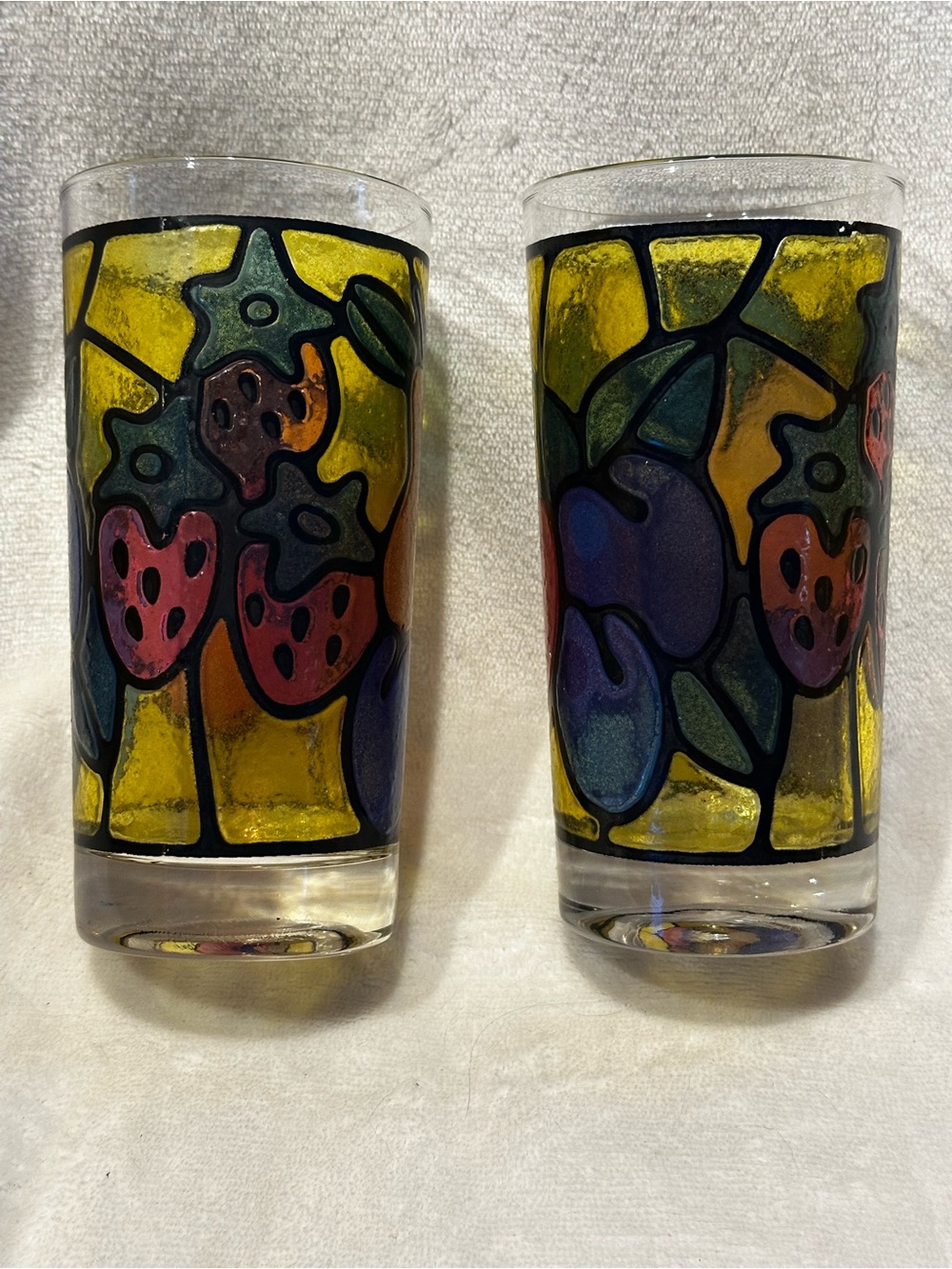 Vtg 60's 70's Tiffany Stained Glass Style Multi Colored Fruit OJ Cups Libbey